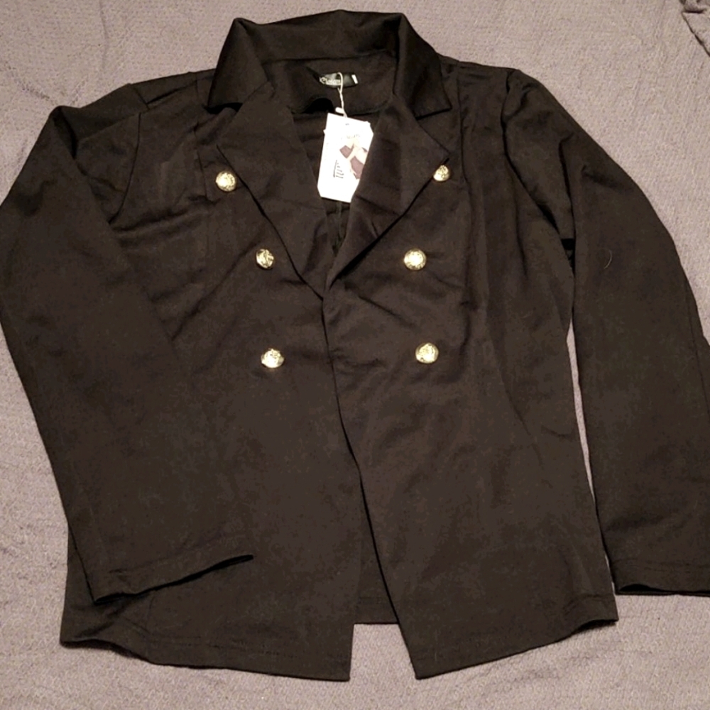 Black casual blazer with gold buttons